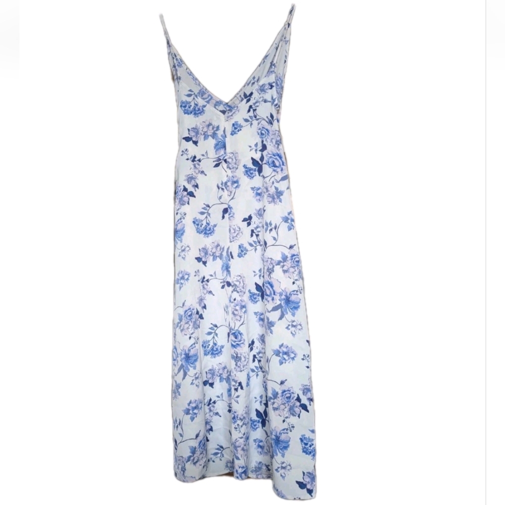 UO Satin Wrap Midi V-Neck Dress Size S Blue Floral Ruching Spaghetti Strap Slit - Picture 4 of 11